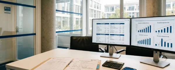 Bureau d'analyste bancaire avec écrans affichant tableaux financiers, dossier de prêt professionnel ouvert et documents annotés dans une banque française contemporaine