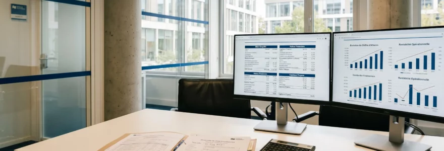 Bureau d'analyste bancaire avec écrans affichant tableaux financiers, dossier de prêt professionnel ouvert et documents annotés dans une banque française contemporaine