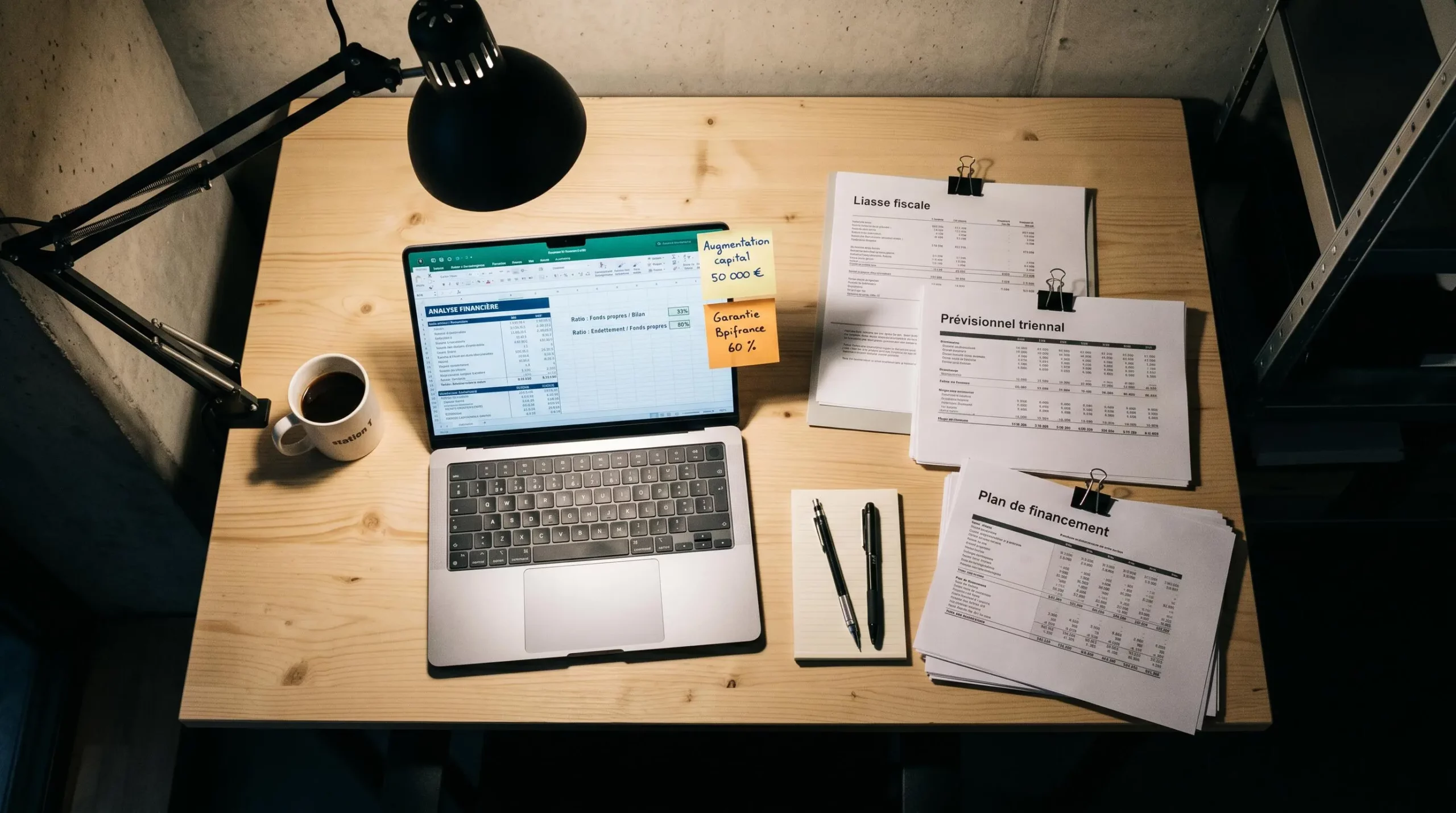 Table de travail avec documents financiers organisés, ordinateur affichant calculs de ratios et notes manuscrites sur optimisations financières pré-financement