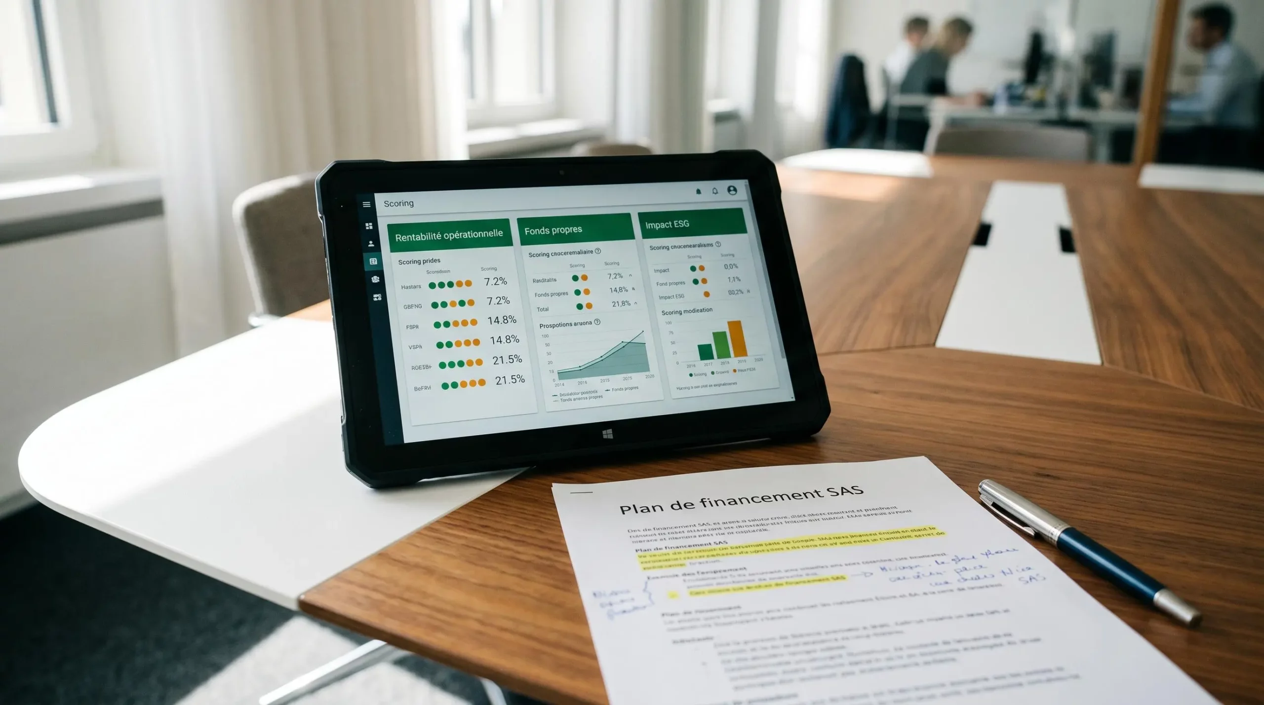 Tablette affichant grille de scoring bancaire digitale avec sections Rentabilité, Fonds propres et ESG accompagnée d'un business plan SAS annoté