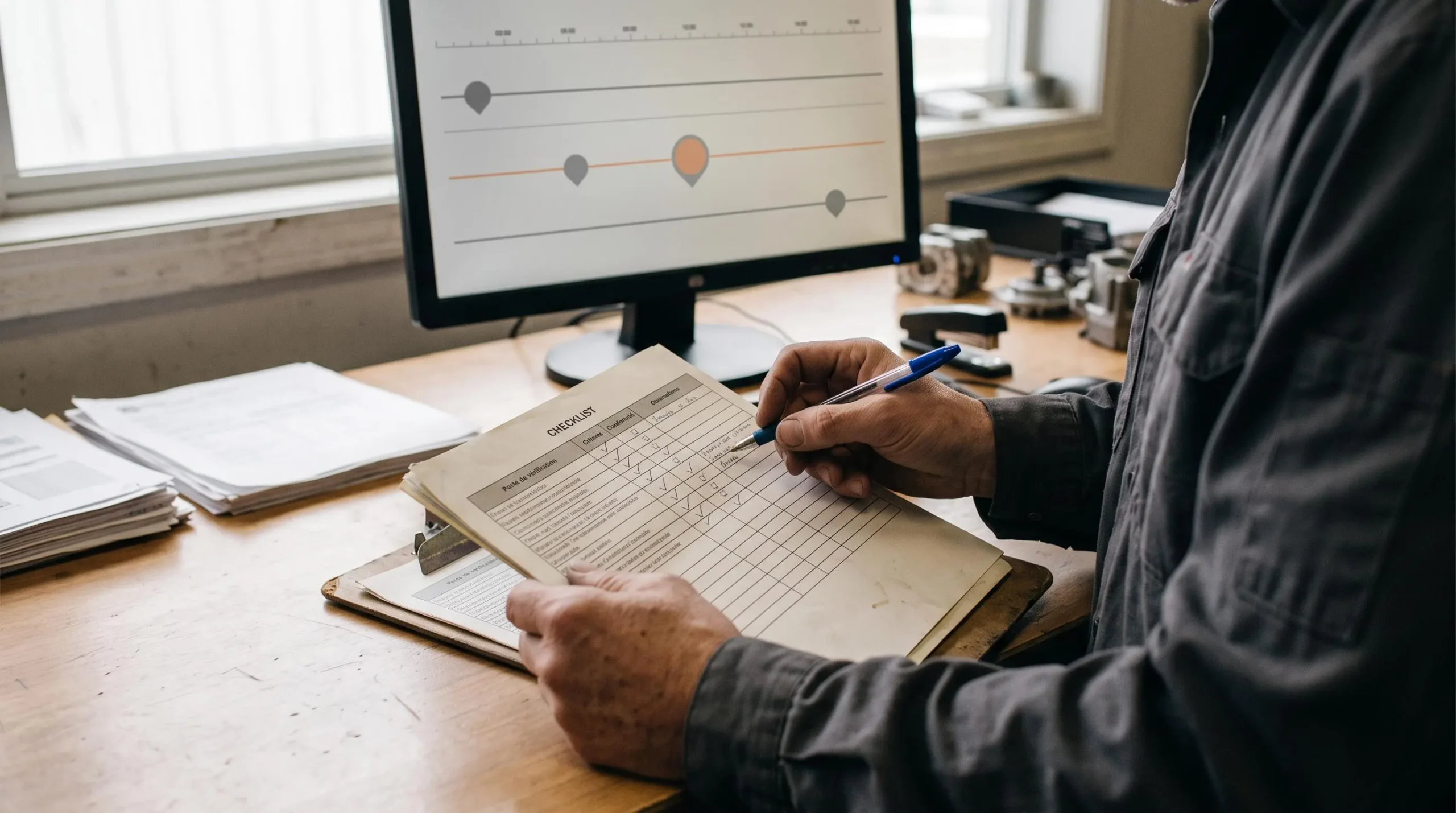 Mains vérifiant une liste de contrôle sur papier face à un historique fictif de statuts de factures.